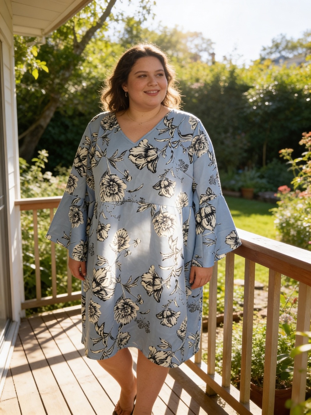 Love Squared 3X Blue Floral Bell Sleeve Shift Dress Plus Size